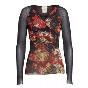 New Fuzzi Floral Print Long Sleeve V-Neck Tulle Top Size Large
